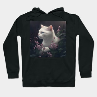 White Cat Kitten surrounded by Pink Flowers | White cat with blue eyes | Digital art Sticker Hoodie